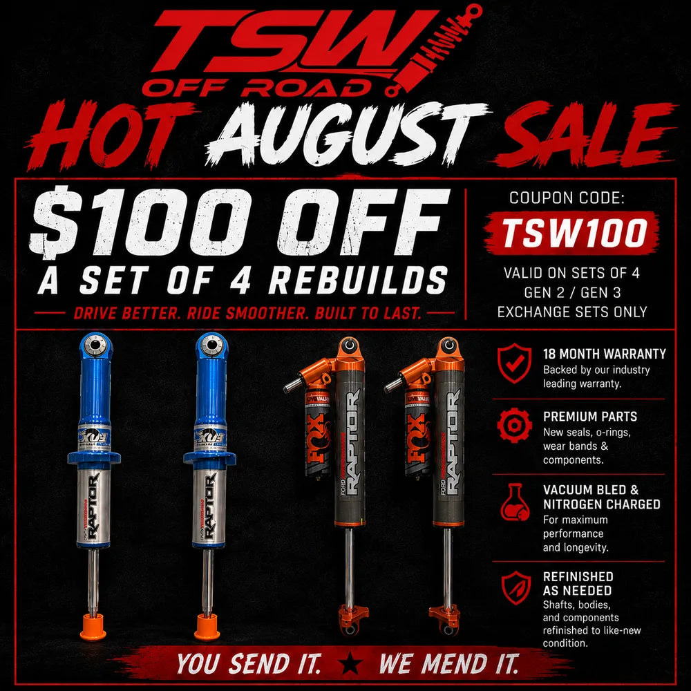 $100 OFF A SET OF 4 REBUILDS — use code TSW100. Gen 2 / Gen 3 exchange sets · ends Sept 1. Shop the shock exchange program.