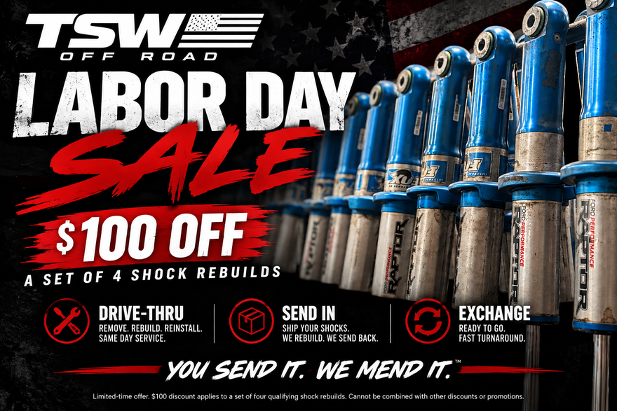 $100 OFF A SET OF 4 REBUILDS — use code TSW100. Gen 2 / Gen 3 exchange sets · ends Sept 7. Shop the shock exchange program.